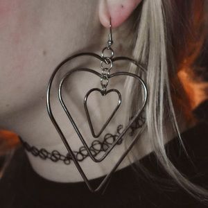Three layer silver heart earrings